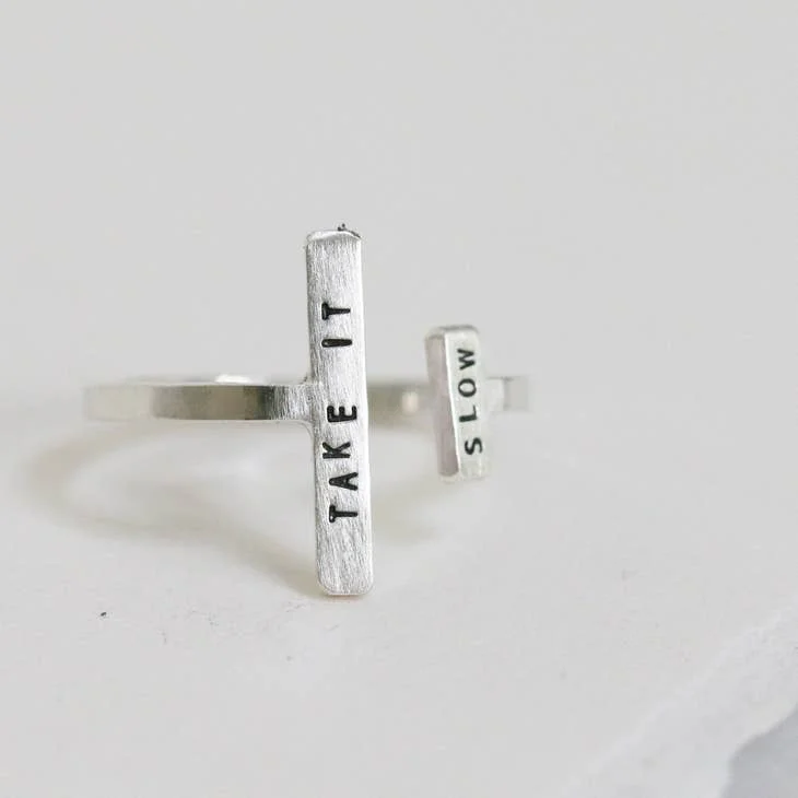 women’s marquise-cut ring-Inspirational Double Bar Ring: TAKE IT SLOW