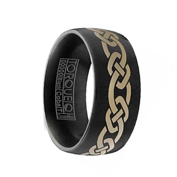 women’s vintage engagement rings-TIDUS Torque Black Cobalt Flat Wedding Band Matte Finish Laser Celtic Design - 9 mm