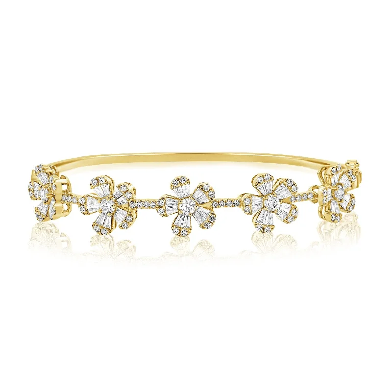 women’s vintage bracelet-14K Yellow Gold Diamond Flower Bangle