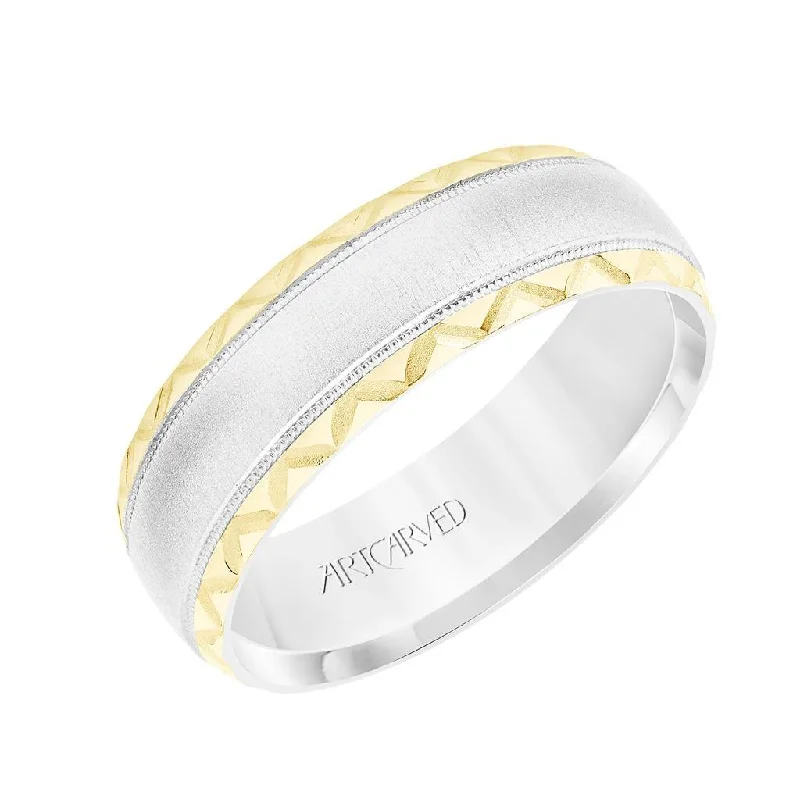 women’s ethical engagement rings-14k White & Yellow Gold Wedding Band Domed Soft Sand Center with Milgrain Leaf Design Edges - 7 mm