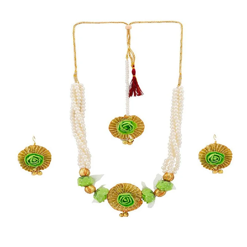 women’s rope chain necklace-Mahi Floral And Leaves Necklace Set With Beads