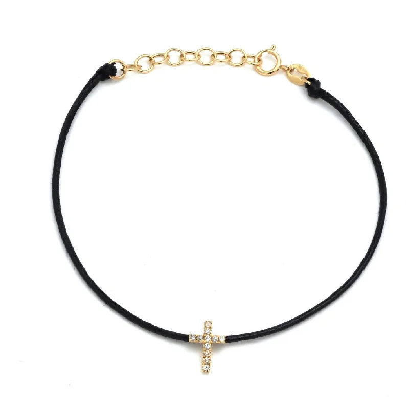 women’s leather bracelet-14K Yellow Gold Diamond Cross Black Cord