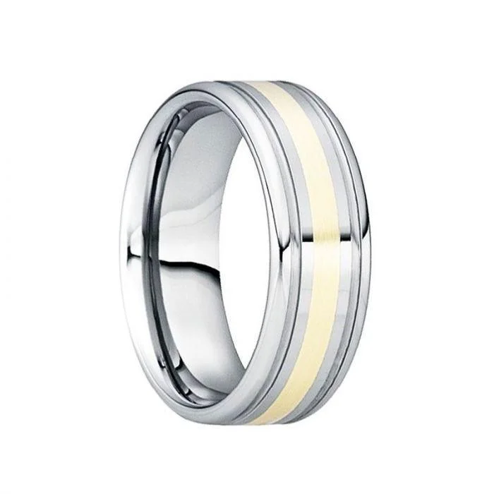 women’s unique solitaire engagement rings-CAESAR 18K Yellow Gold Inlaid Tungsten Wedding Band with Dual Grooves - 8mm