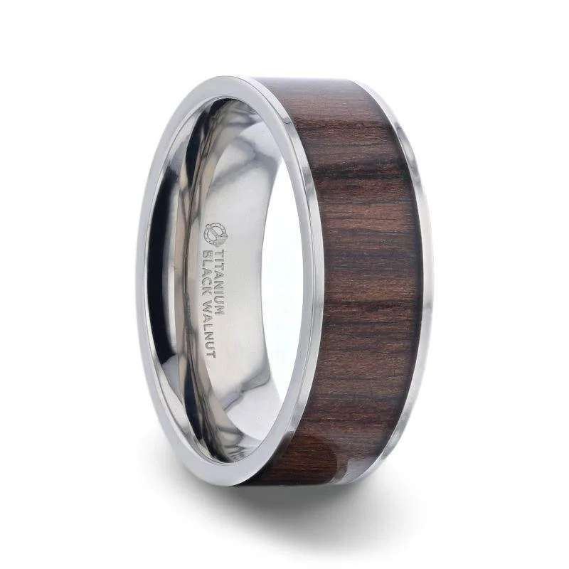 women’s heart shaped engagement rings-LOGAN Flat Polished Black Walnut Wood Inlaid Titanium Men's Wedding Band With Flat Polished Edges - 8mm