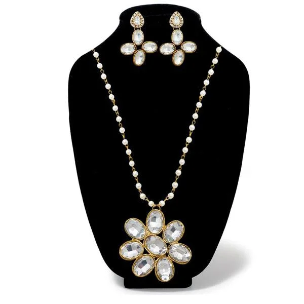 women’s crystal and pearl necklace-Kriaa White Glass Stone Gold Plated Necklace Set - 1106411A