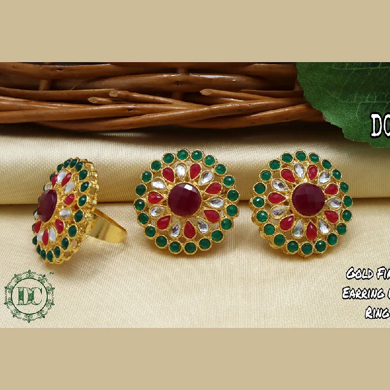 women’s art deco earrings-Diksha Collection Gold Plated Pota Stone Stud Earrings With Ring