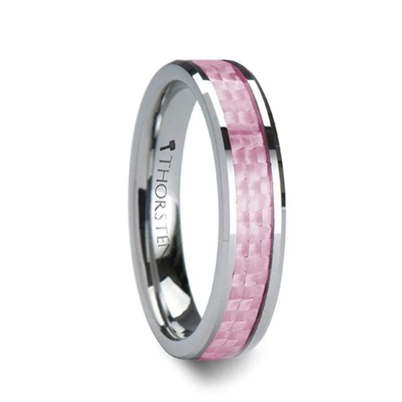 women’s solitaire diamond engagement rings-PINK Beveled Tungsten Wedding Band with Pink Carbon Fiber -4mm & 6mm