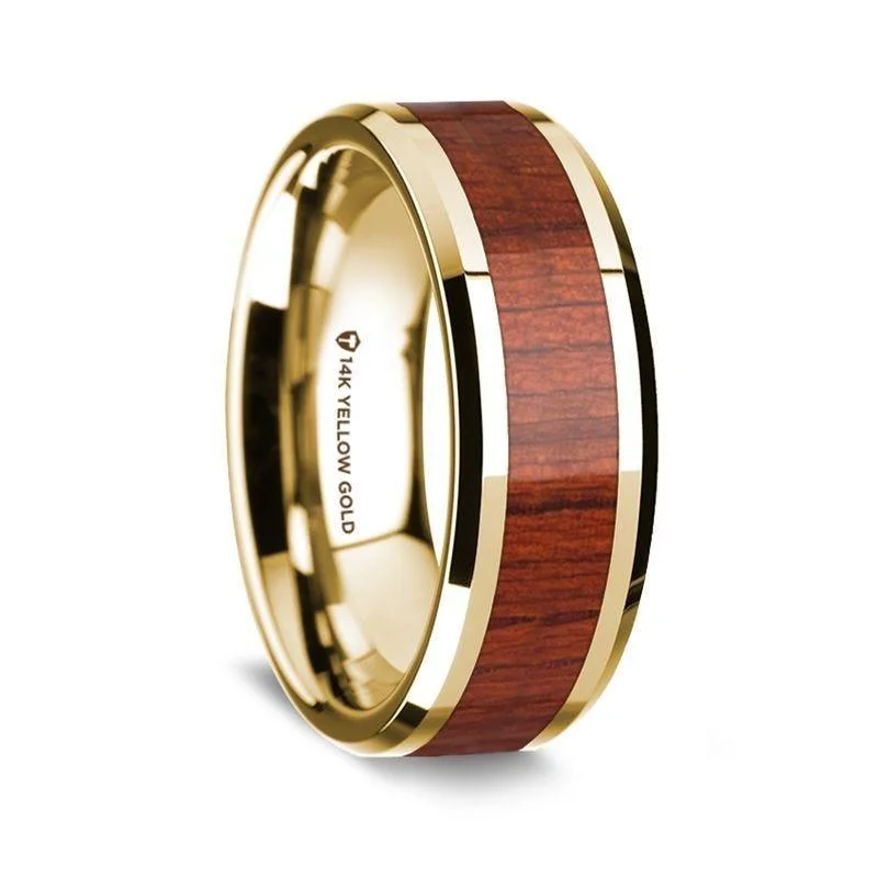 women’s unique engagement rings-14K Yellow Gold Polished Beveled Edges Men's Wedding Band with Padauk Wood Inlay - 8 mm