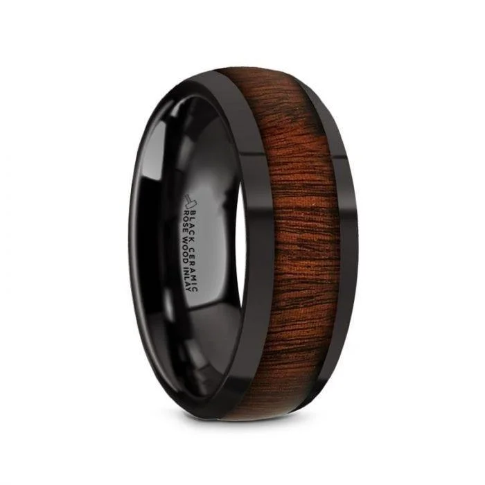 women’s wedding band engagement rings-ROSAE Black Ceramic Domed Profile Polished Finish Men’s Wedding Band with Rose Wood Inlay - 8mm