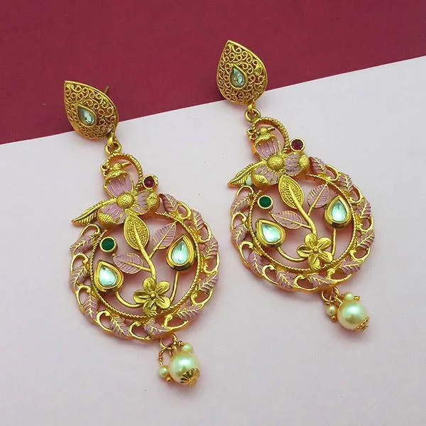 women’s gemstone earrings-Nikita Arts Gold Plated Stone And Pink Meenakari Copper Matte Dangler Earrings - 1313119D