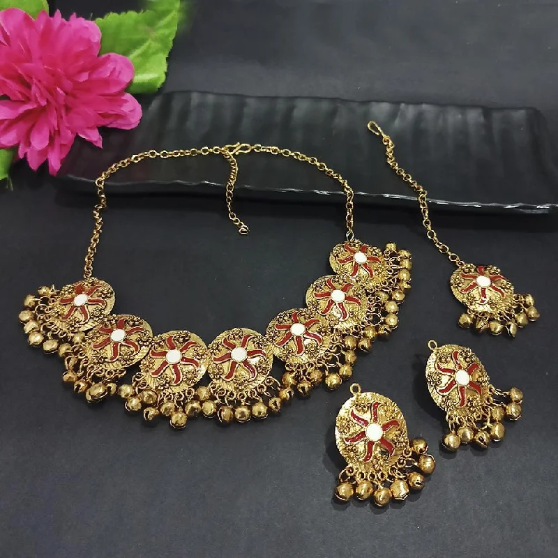 women’s personalized necklace-Kriaa Gold Plated Red Meenakari Necklace Set With Maang Tikka - 1116023A