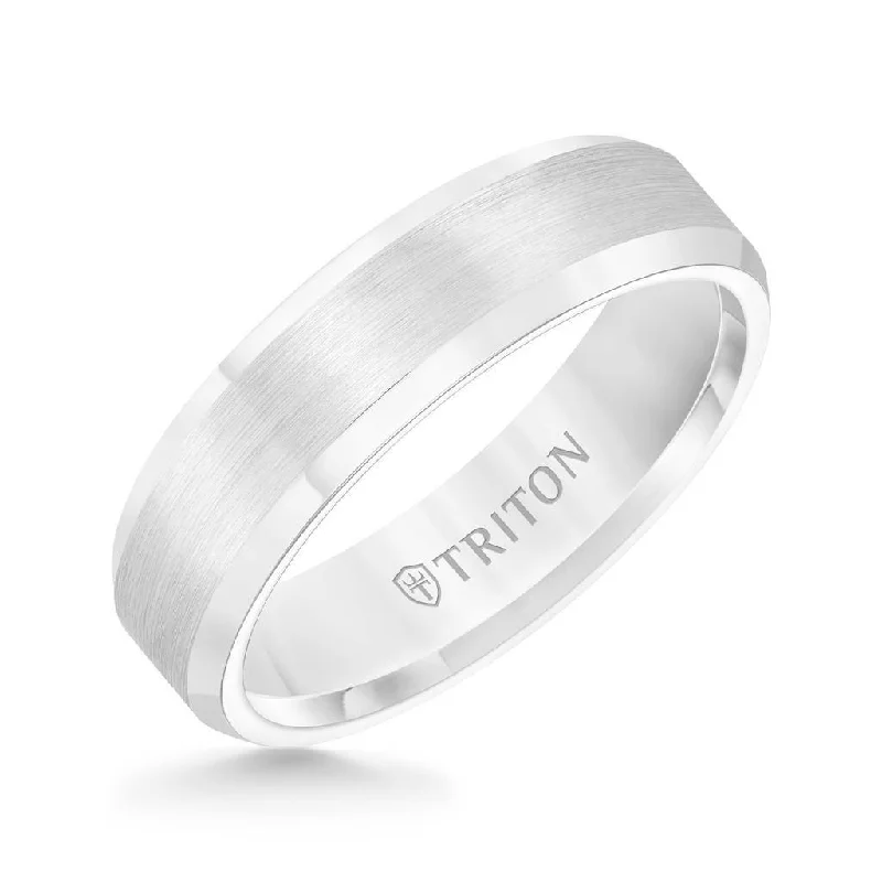 women’s round cut engagement rings-FORBES Polished Beveled Edge Satin Finish White Tungsten Carbide Comfort Fit Wedding Band by Triton Rings - 6 mm