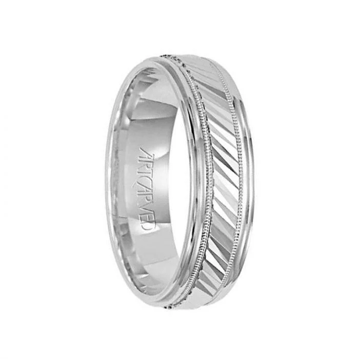 women’s matching engagement rings-MONTEREY 14k White Gold Wedding Band Diagonal Engraved Center Design with Milgrain Rolled Edges by Artcarved - 6 mm