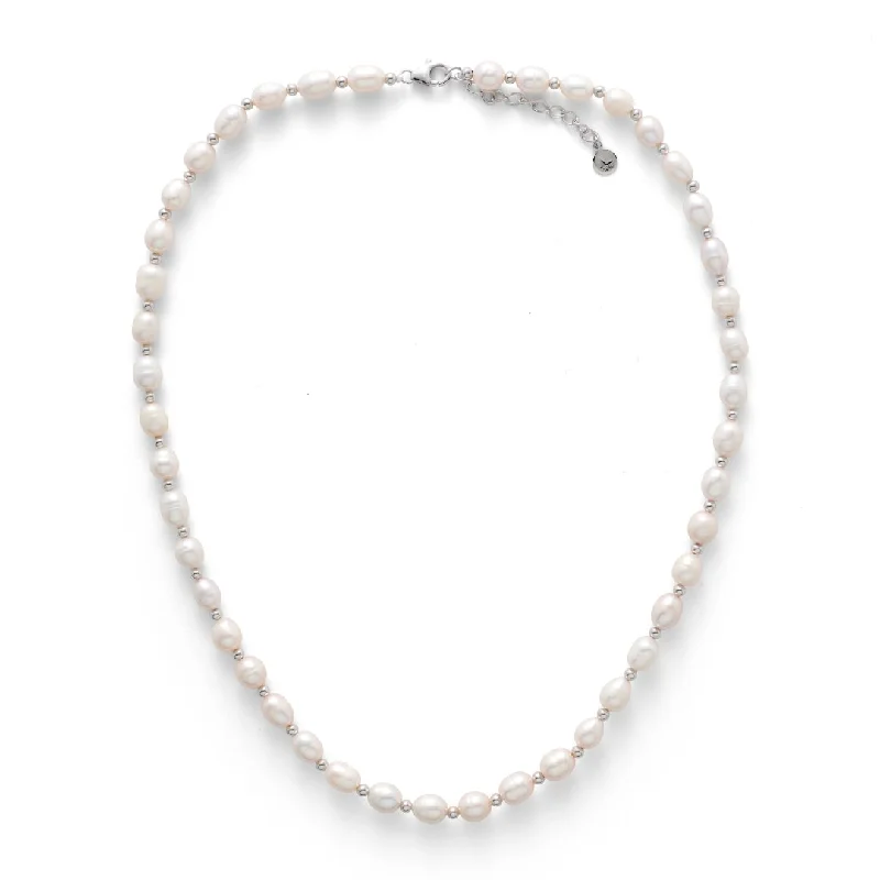 women’s long necklace-Pearl & Silver Bead Necklace 8mm