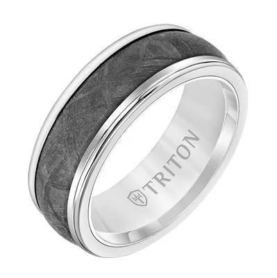 women’s gemstone engagement rings-WITTEN Round Edge Meteorite Insert White Tungsten Wedding Band - 8mm