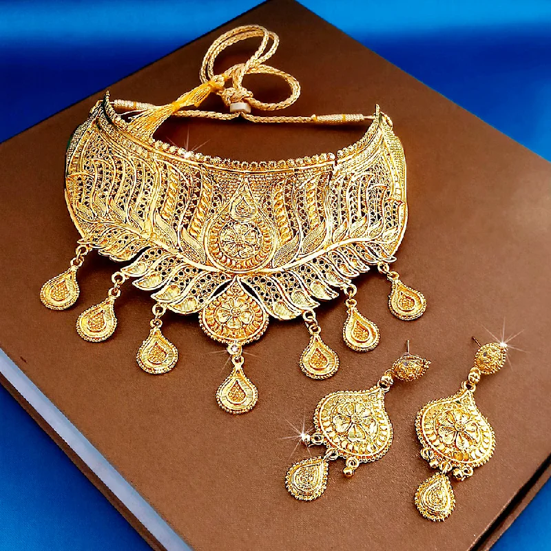 women’s luxury pearl necklace-Kalyani Forming Gold Plated Traditional Designer Necklace & Earring Set