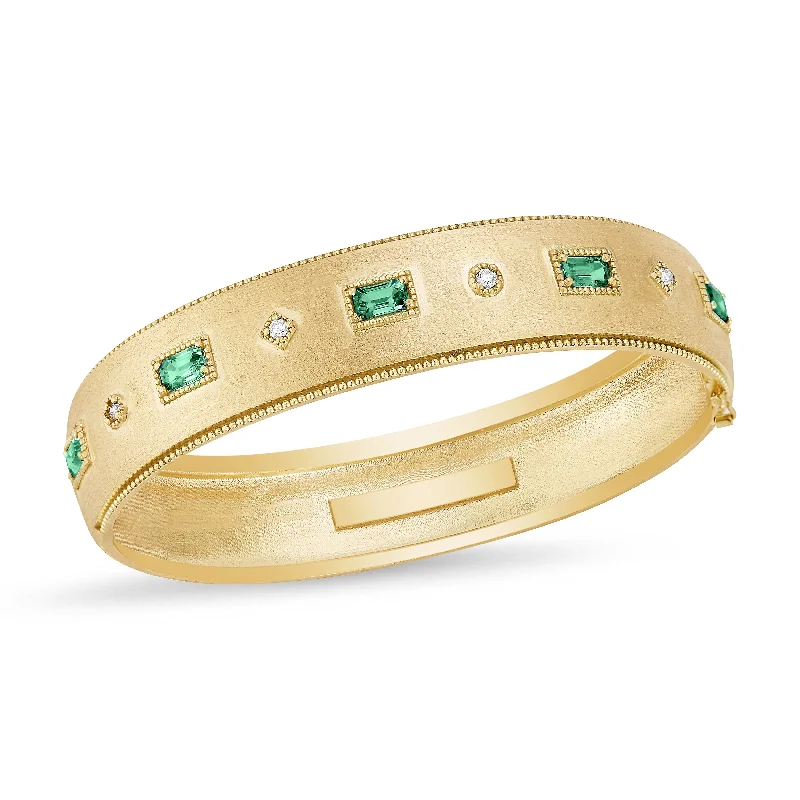 women’s chic bracelet-Emerald & Diamond Bezel Wide Bangle