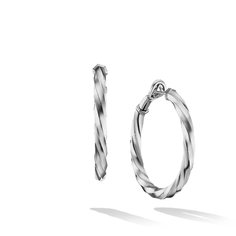 women’s long earrings-Cable Edge Hoop Earrings in Recycled Sterling Silver