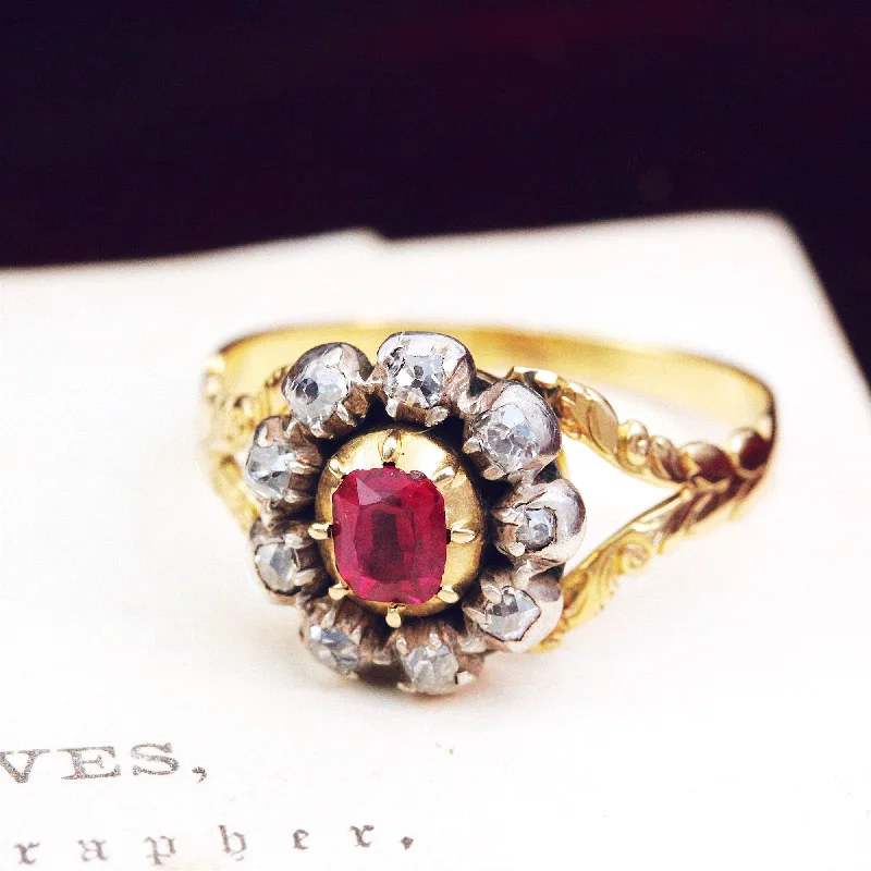 women’s statement ring-Rare Early Victorian Ruby & Diamond Blossom Ring