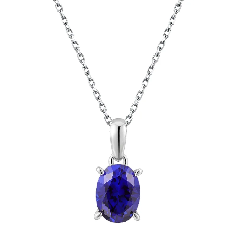 women’s wedding necklace-Round Brilliant solitaire necklace with dark blue sapphire simulant in sterling silver