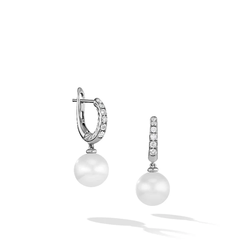 women’s minimalist earrings-Pearl and Pave Drop Earrings in Sterling Silver with Diamonds