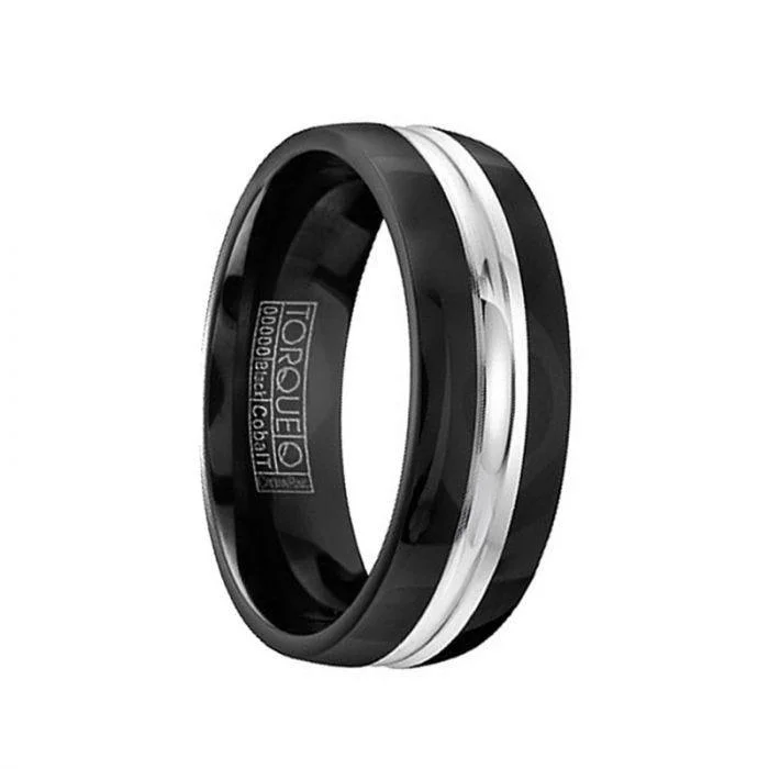 women’s wedding band engagement rings-YUN Torque Black Cobalt Flat Wedding Band Polished Finish Grooved Center Design - 7 mm