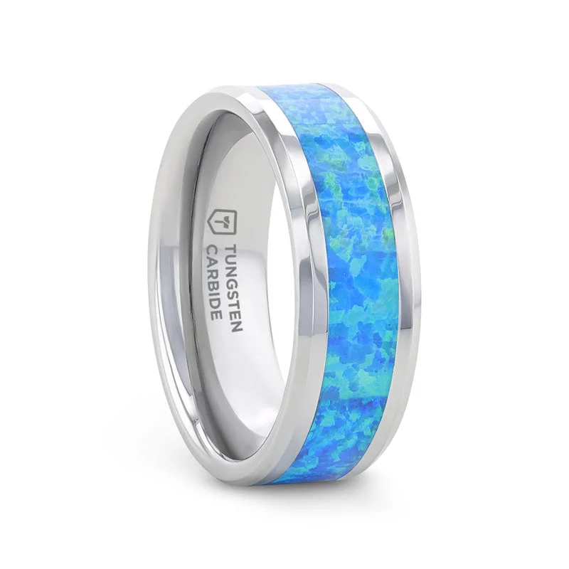 women’s wedding band engagement rings-QUASAR Tungsten Wedding Band with Blue Green Opal Inlay - 4mm - 10mm