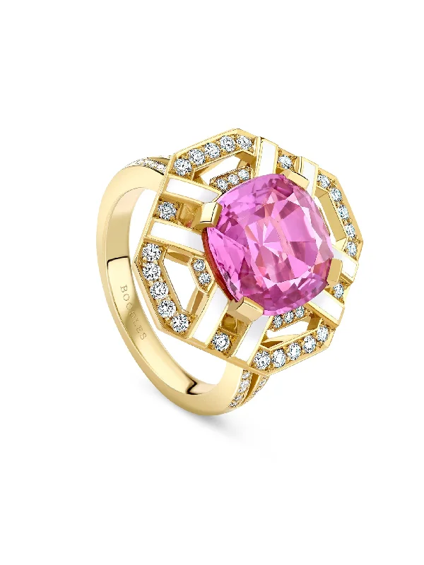 women’s halo diamond ring-Fifth Avenue Pink Sapphire Yellow Gold Ring