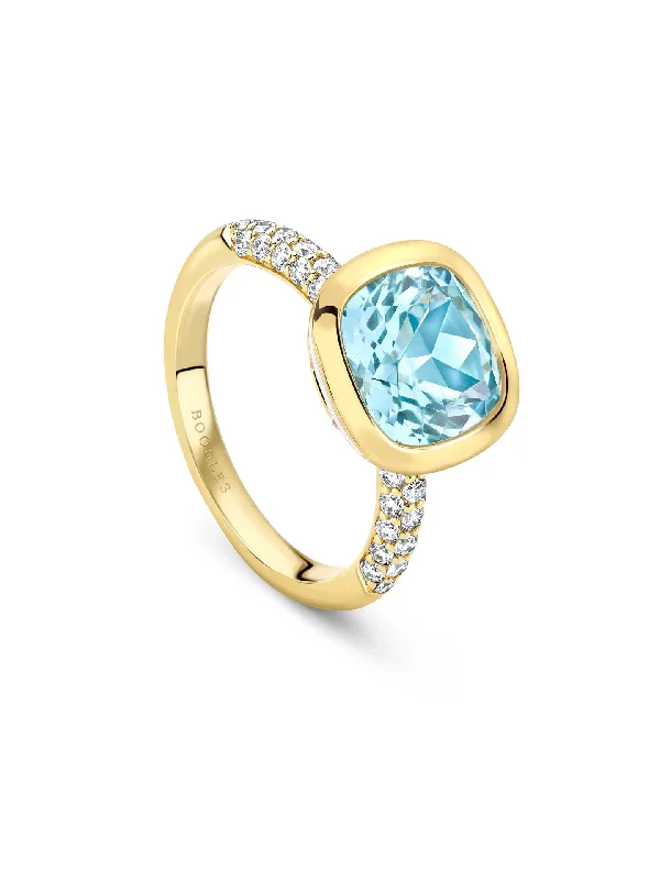 women’s band ring-Florentine Dolce Vita Cushion Aquamarine French Yellow Gold Ring