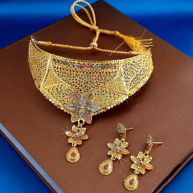 women’s colorful gemstone necklace-Kalyani Forming Gold Plated Traditional Designer Necklace & Earring Set