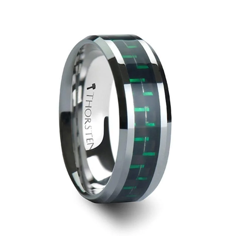 women’s emerald cut diamond engagement rings-ATRONIUS Tungsten Carbide Wedding Band with Black & Green Carbon Fiber Inlay - 6mm - 10mm