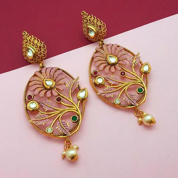 women’s sapphire stud earrings-Nikita Arts Gold Plated Stone And Pink Meenakari Copper Matte Dangler Earrings - 1313121D