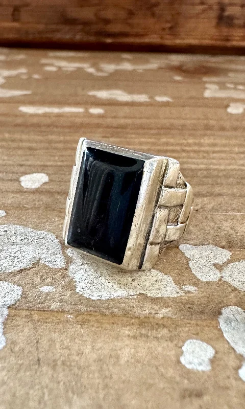 women’s colorful wedding ring-WOVEN ECLIPSE Handmade Men's Ring Sterling Silver & Onyx Stone • Size 10 1/4