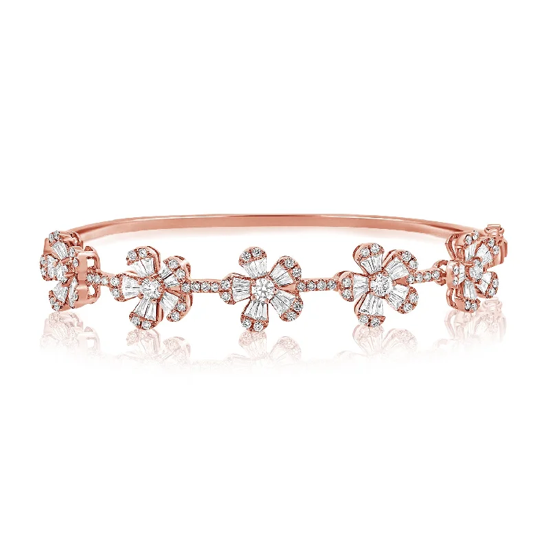 women’s statement bracelet-14K Rose Gold Diamond Flower Bangle