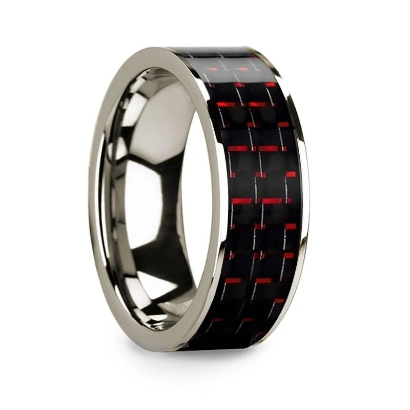 women’s rose gold engagement rings-Men’s 14k White Gold Flat Wedding Band with Black & Red Carbon Fiber - 8mm