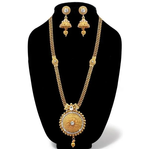 women’s diamond-studded necklace-Kriaa White Austrian Stone Gold Plated Long Haram Necklace Set - 1107905A