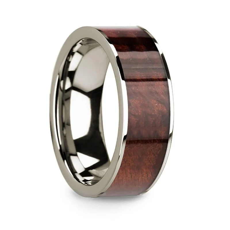 women’s halo engagement rings-Polished 14k White Gold Men’s Wedding Band with Redwood Inlay - 8mm