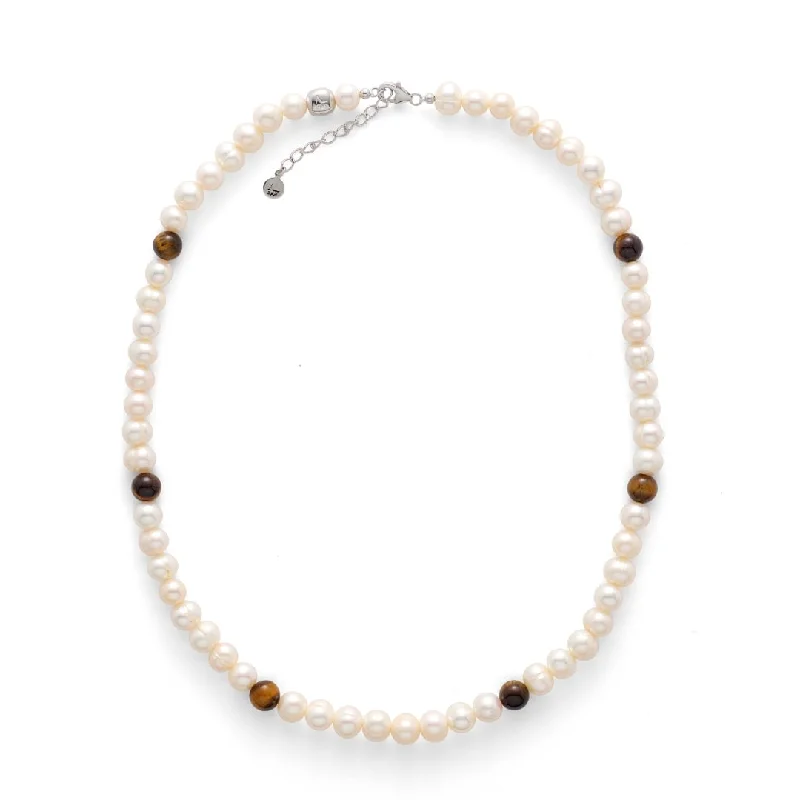 women’s luxury necklace-Pearl Necklace with Tiger Eye 8mm