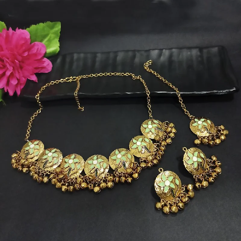 women’s vintage necklace-Kriaa Gold Plated Light Green Meenakari Necklace Set With Maang Tikka - 1116021F