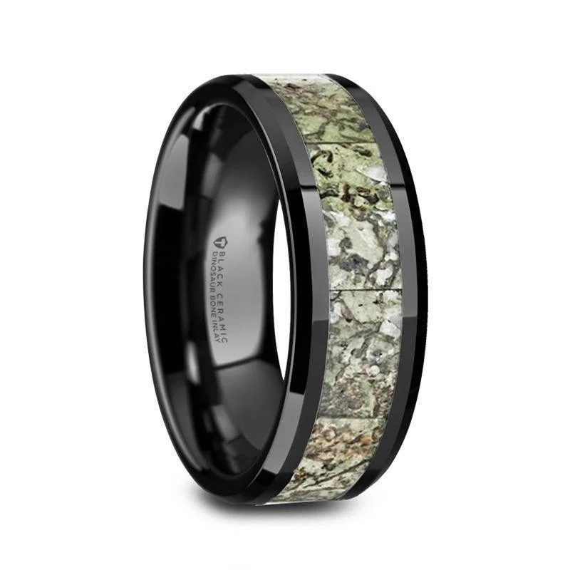 women’s three-stone engagement rings-DROGON Light Green Dinosaur Bone Inlaid Black Ceramic Men’s Wedding Band with Polished Beveled Edges – 8mm