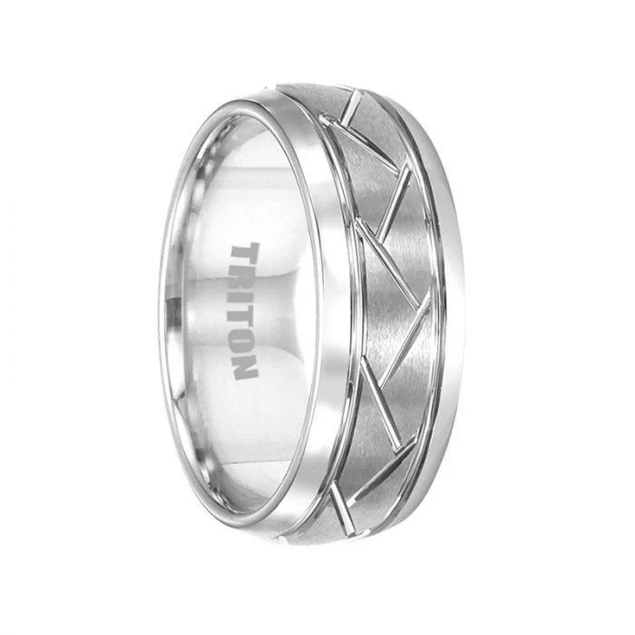 women’s wedding band engagement rings-BENTON White Tungsten Wedding Band with Alternating Diagonal Cuts by Triton Rings - 8mm