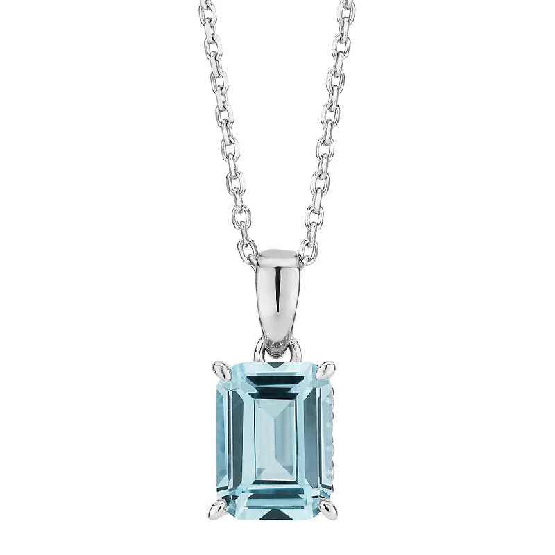 women’s bar necklace-Emerald Cut solitaire necklace with blue topaz simulant in sterling silver