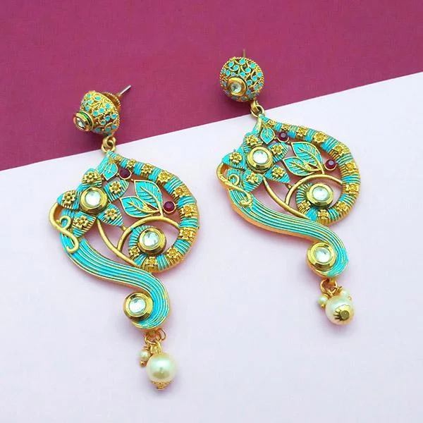 women’s silver earrings-Nikita Arts Gold Plated Stone And Blue Meenakari Copper Matte Dangler Earrings - 1313120B