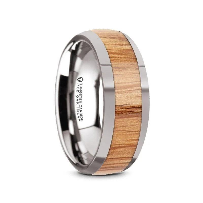 women’s silver engagement rings-CINDER Men’s Polished Edges Domed Tungsten Wedding Band with Red Oak Wood Inlay - 8mm