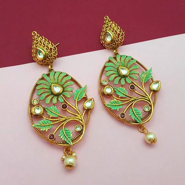 women’s luxury earrings with gemstones-Nikita Arts Gold Plated Stone And Green Meenakari Copper Matte Dangler Earrings - 1313121C