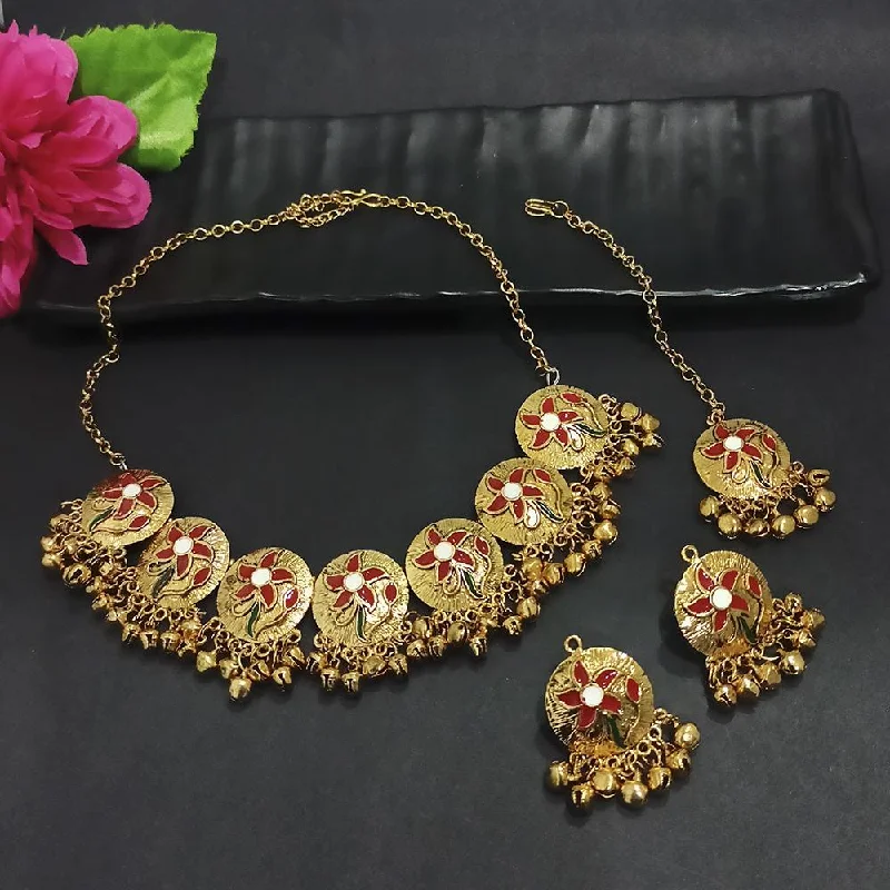 women’s gold-plated necklace-Kriaa Gold Plated Red Meenakari Necklace Set With Maang Tikka - 1116021A