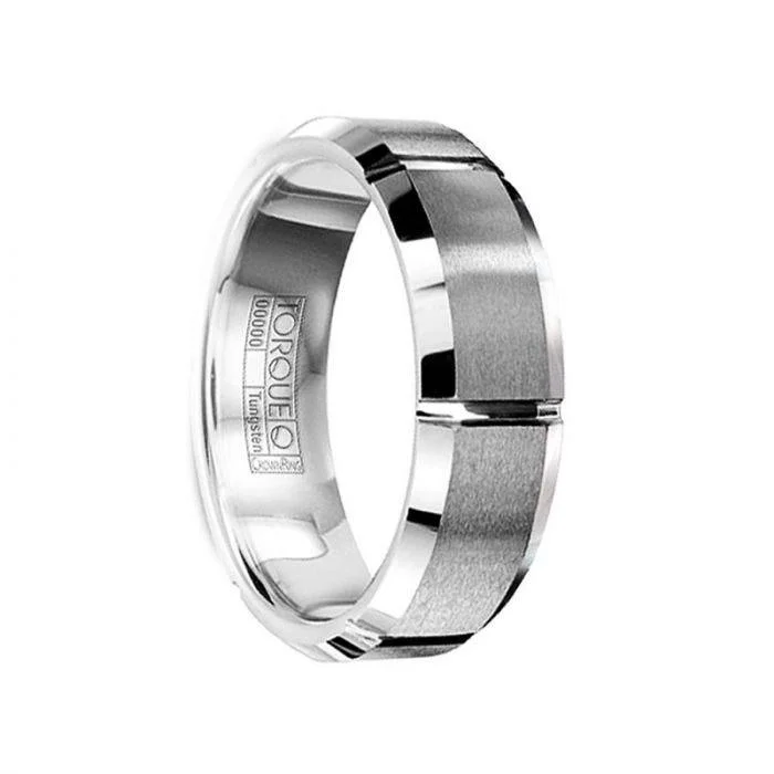 women’s antique engagement rings-FABRICIUS Tungsten Carbide Wedding Band with Brushed Center & Horizontal Grooves - 7mm