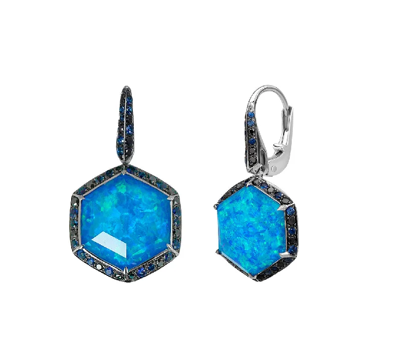 women’s geometric earrings-Blue Sapphire & Black Opalescent & Black Diamond Earrings