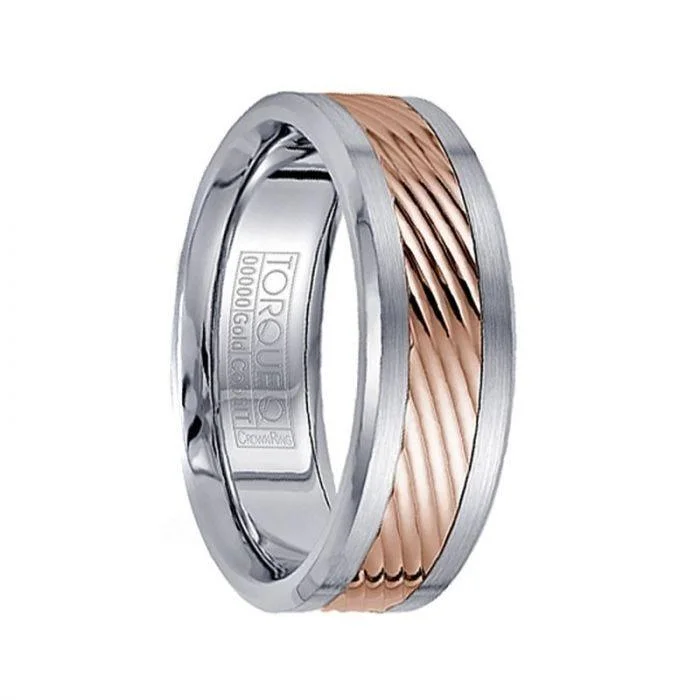 women’s handcrafted engagement rings-Brushed Grooved Cobalt Men’s Wedding Band with 14k Rose Gold Inlay Polished Edges - 7.5 mm