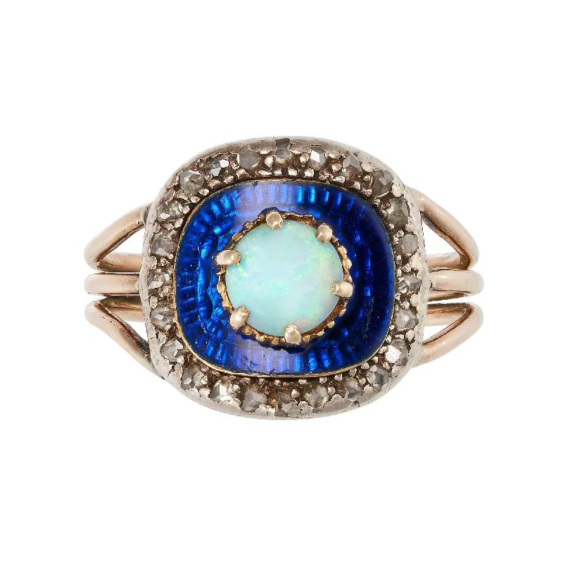 women’s oval-cut ring-*NEW* Geaorgian Opal & Diamond Blue Enamel 15ct Yellow Gold